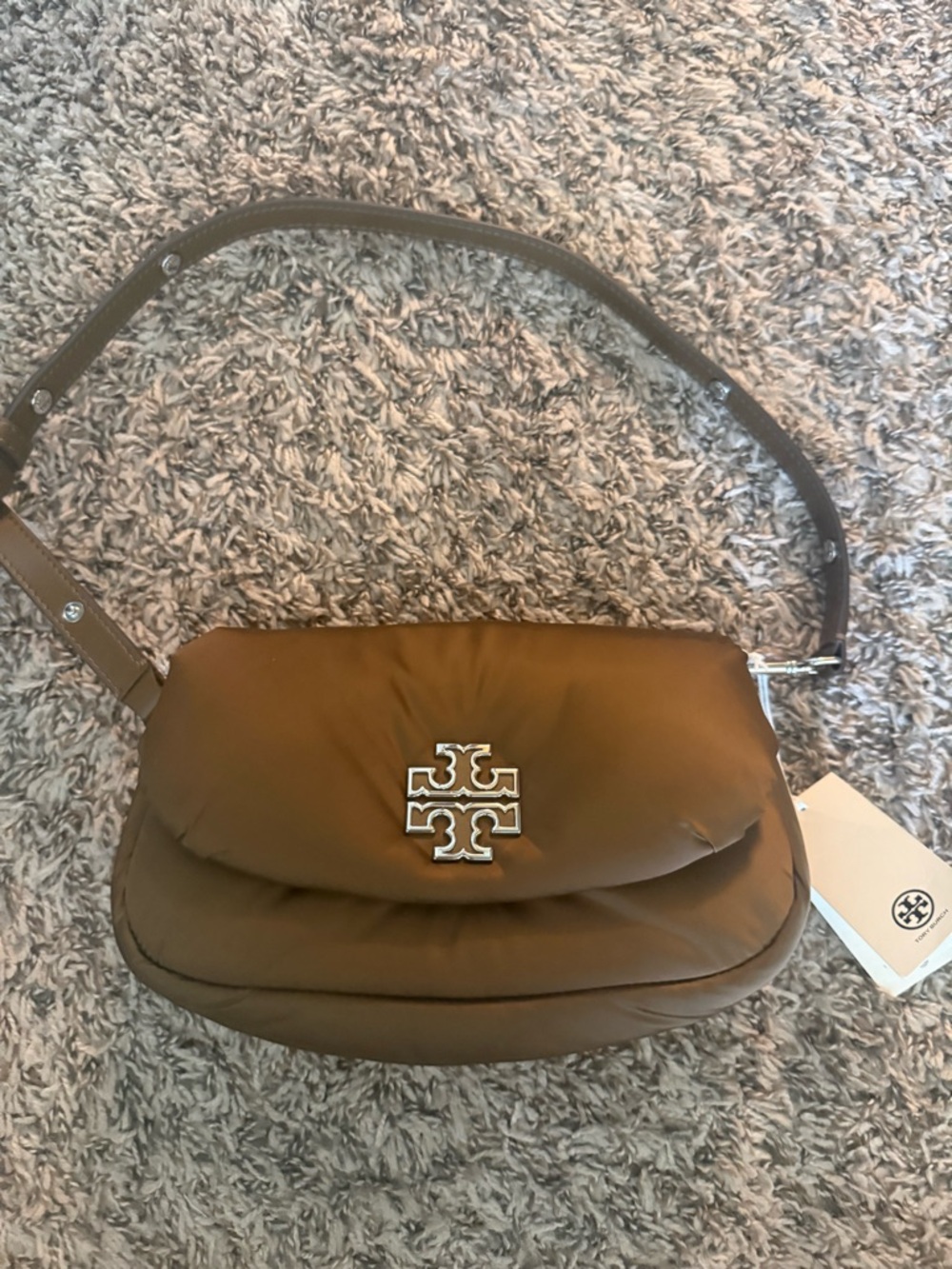 Tory Burch Tan Quilted Crossbody with Metal Logo